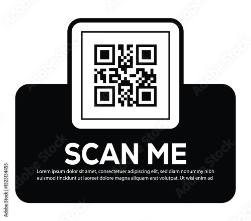 Minimalist white QR code centered on black rounded rectangle. Features bold "SCAN ME" invitation and placeholder text below. Clean, functional digital prompt designed to encourage scanning.