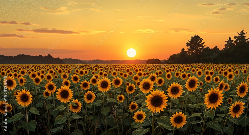 Fototapeta premium Sunset over a vast field of vibrant sunflowers in full bloom.