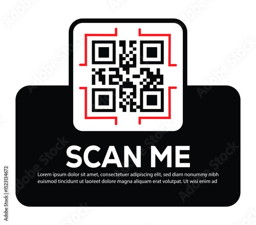 Minimalist white QR code centered on black rounded rectangle. Features bold "SCAN ME" invitation and placeholder text below. Clean, functional digital prompt designed to encourage scanning.