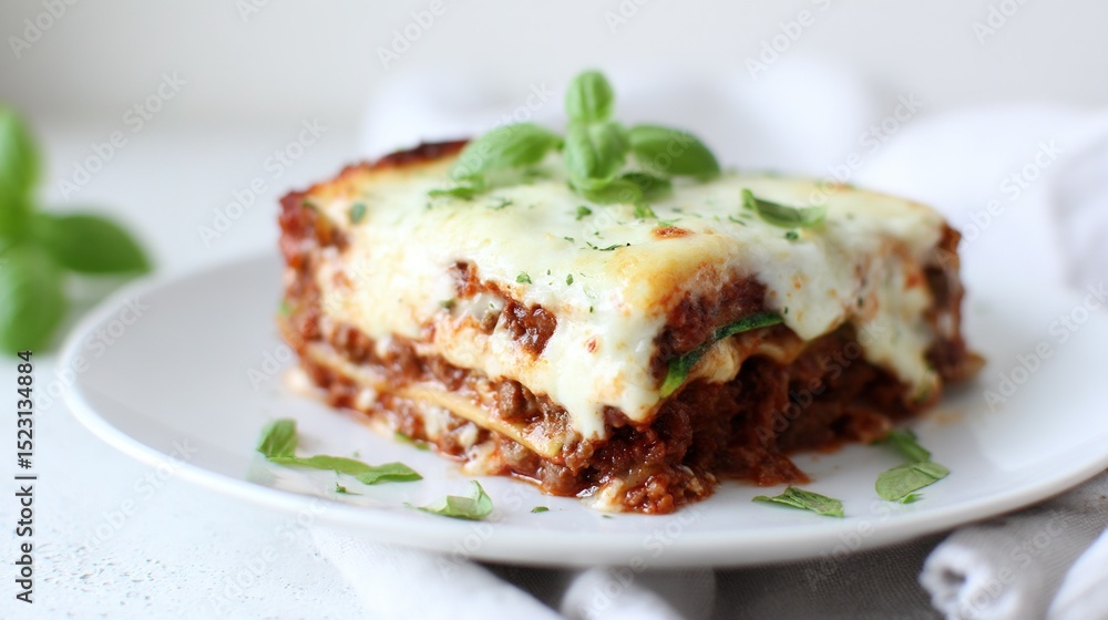 Close-up photo of lasagna on a white plate topped with green leafy garnish Close-up photo of lasagna on a white plate topped with green leafy garnish