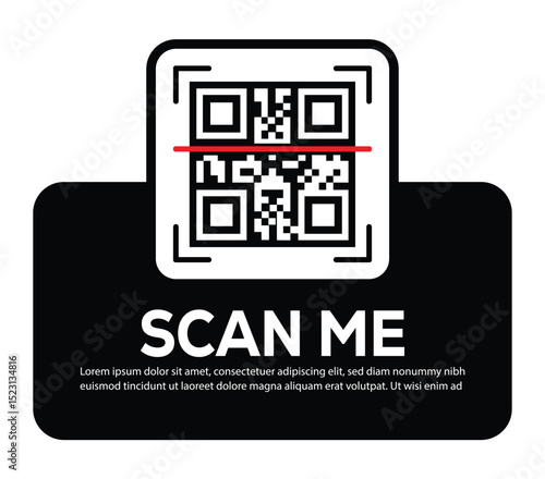 Minimalist white QR code centered on black rounded rectangle. Features bold "SCAN ME" invitation and placeholder text below. Clean, functional digital prompt designed to encourage scanning.