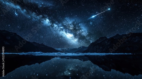 Night sky over a frozen lake with mountains