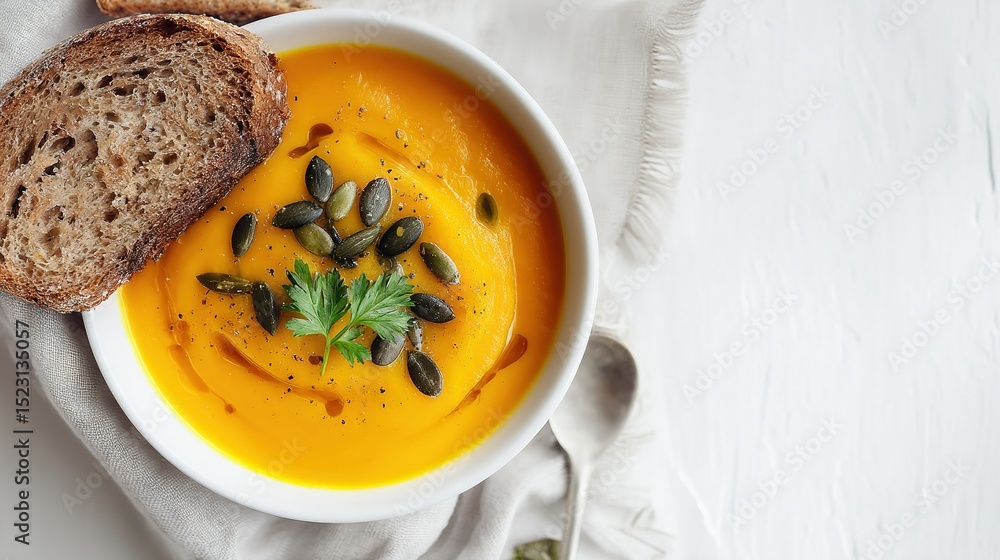 A carrot soup bowl with bread and sprouts on a white cloth next to bread A carrot soup bowl with bread and sprouts on a white cloth next to bread