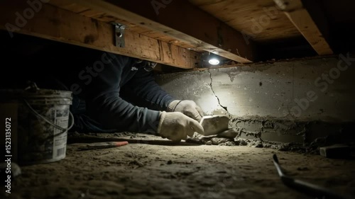 Repairman patching crack in foundation wall with trowel and cement in crawlspace under house beams