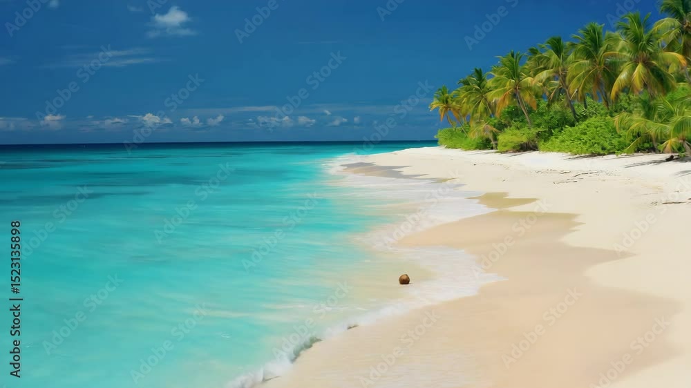 Coconut washed ashore on a tropical beach with white sand and turquoise water gently lapping the shore, palm trees and tropical vegetation in the background under a blue sky with clouds Coconut washed ashore on a tropical beach with white sand and turquoise water gently lapping the shore, palm trees and tropical vegetation in the background under a blue sky with clouds