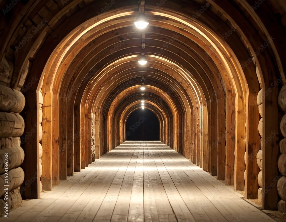Obraz premium Wooden arched tunnel at night