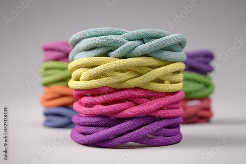 Colorful braided cords creatively arranged in layered stacks for artistic display