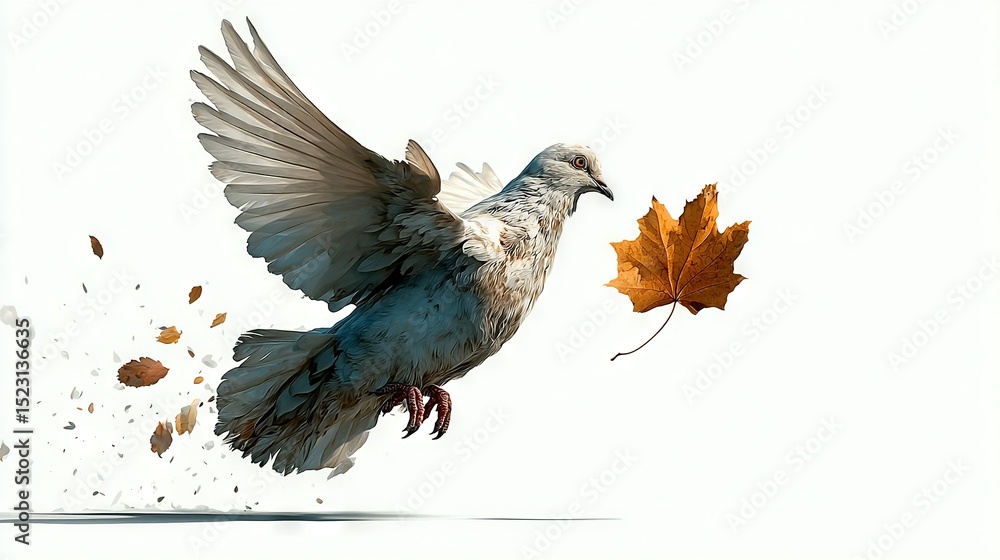 Fototapeta premium A bird with a leaf in its mouth and spread-wide wings