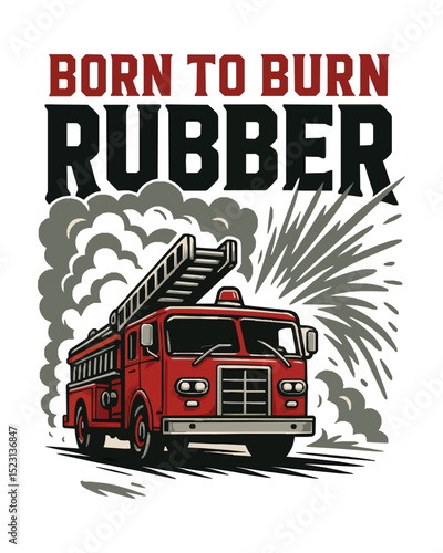Vector illustration of a vintage fire truck in front of a city house, an old transportation design symbol