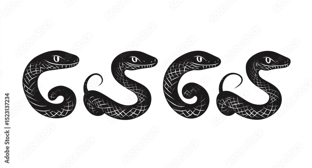 Fototapeta premium Four stylized snakes, side view, black silhouettes, intricate patterns, graphic design