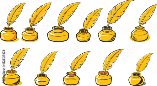  Quill feather and inkpot logo design set vector illustration