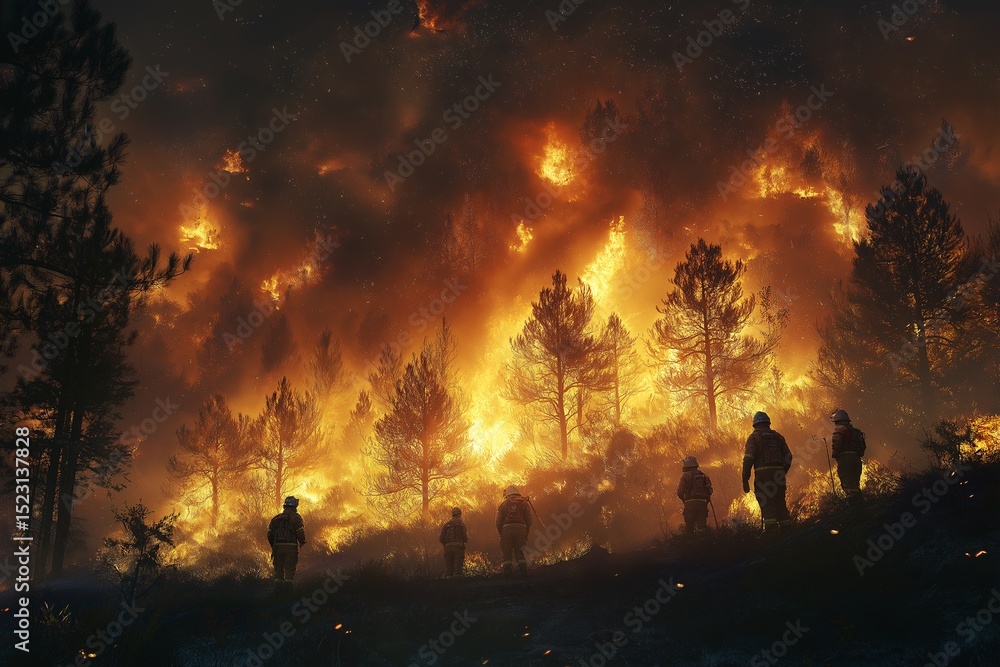 Fototapeta premium Wildfire Emergency Response. Brave Firefighters Battle Flames in Smoke-Filled Pine Forest