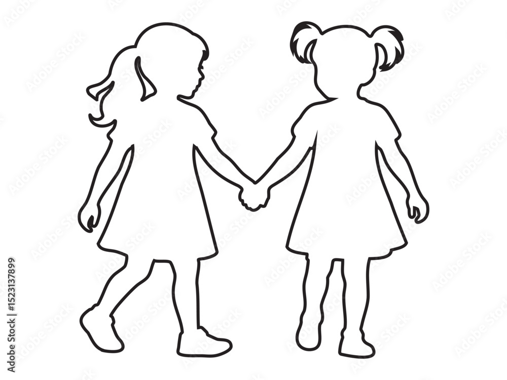 Black outline of two girls walking hand in hand, isolated on white background, graphic illustration. concept of friendship, childhood, companionship, kids, walking children, best friends Black outline of two girls walking hand in hand, isolated on white background, graphic illustration. concept of friendship, childhood, companionship, kids, walking children, best friends