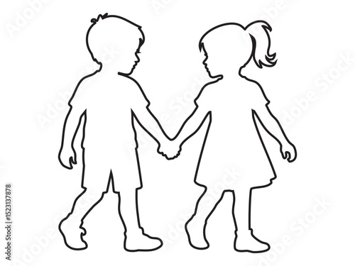 Black outline of young boy and girl holding hands, on white background, graphic illustration. concept of friendship, childhood, kids, icon, walking children, best friends, brother and sister