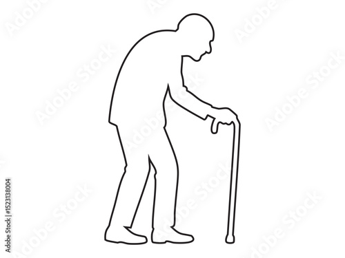 Black outline icon of very old man hunched over with cane isolated on white background. Concept of extreme old age, limited mobility, elderly care, fragile senior life, illustration, design element
