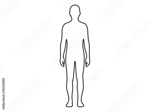 Minimal black outline icon of standing adult man front view isolated on white background. Concept of human body shape, anatomy figure, generic male symbol, medical diagram