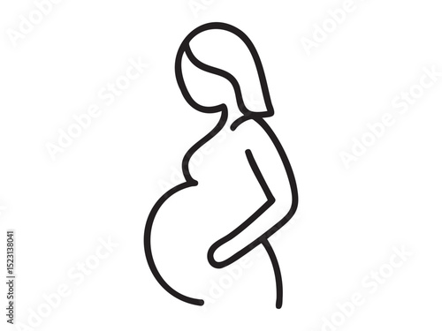 Black outline of pregnant woman in side view, graphic illustration. concept of motherhood, pregnancy, expecting baby, icon, logo, black and white design, isolated on white background