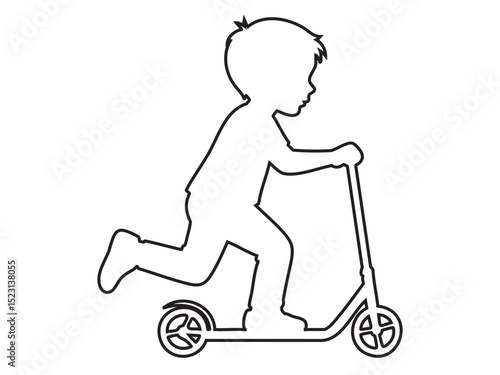 Black outline of a boy riding a kick scooter isolated on white background, graphic illustration. concept of child, outdoor play, boyhood adventure, fun, active lifestyle