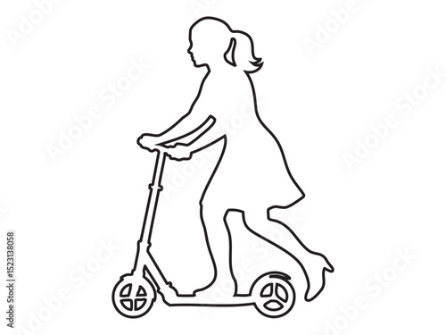 Black outline of a woman riding a kick scooter, isolated on white background, graphic illustration. concept of active lifestyle, urban transport, sport, icon, energetic motion.