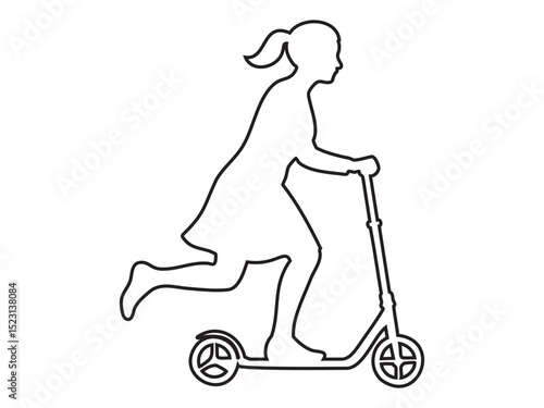 Black outline of a girl teenager riding a kick scooter, isolated on white background, graphic illustration. concept of child, outdoor activity, fun, playtime, exercise, design element
