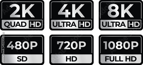 Resolution Icons Set – 8K, 4K Ultra HD, 2K Quad HD, 1080p, 720p, 480p SD Logos – Flat Vector on White Background