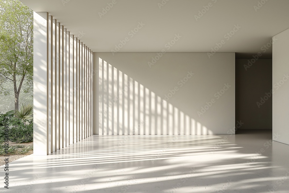 Obraz premium Modern Architecture with Minimalist Interior. Natural Light & Spacious Room with Concrete Walls and Wooden Slats