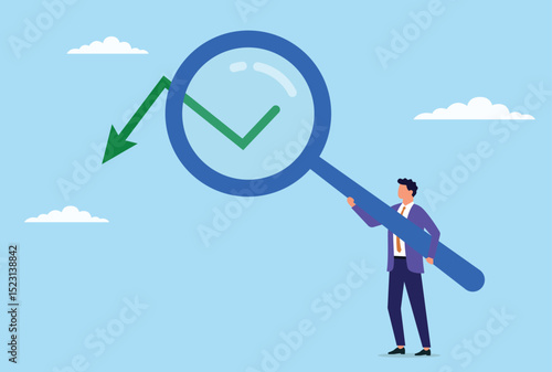 Vector illustration of a businessman holding a large magnifying glass and analyzing data, symbolizing meticulous attention to detail, in depth data examination, and pursuing insightful