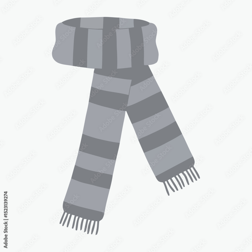 Obraz premium Stylish grey knitted winter scarf with horizontal stripes and fringed ends on white background