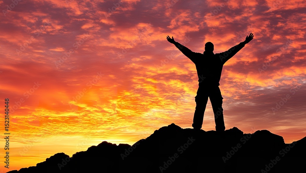 Fototapeta premium Man Standing on Mountain Top with Arms Raised in Triumph Over Scenic View