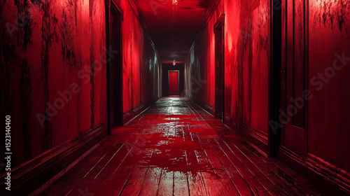 Red horror hallway blood scene spooky scary dark creepy nightmare haunted house corridor room interior