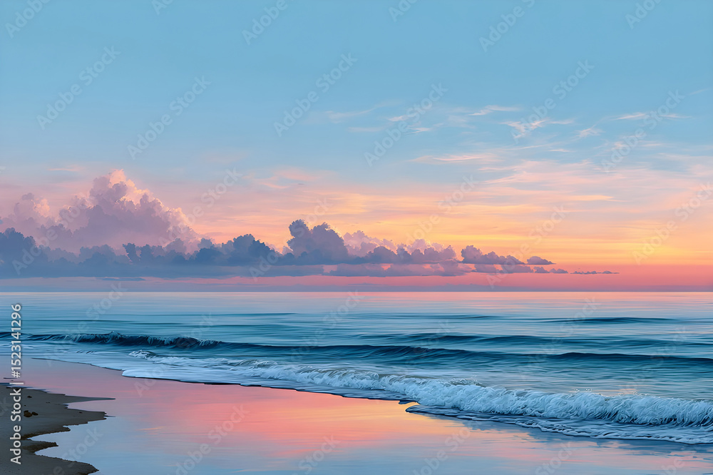 Fototapeta premium Peaceful coastal landscape with vibrant colors of the ocean, sky, and reflecting beach.