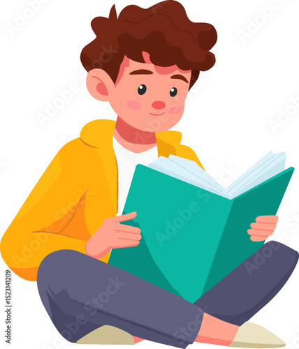 Reading in cozy atmosphere boy with book art home school illustration