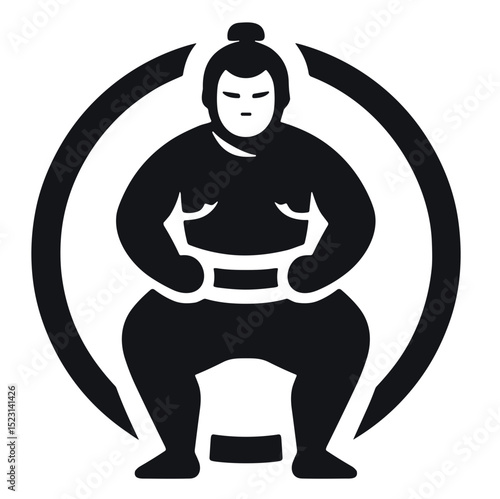 Martial arts sumo wrestler silhouette in bold circular black and white vector design on transparent background symbolizing strength, focus, and discipline