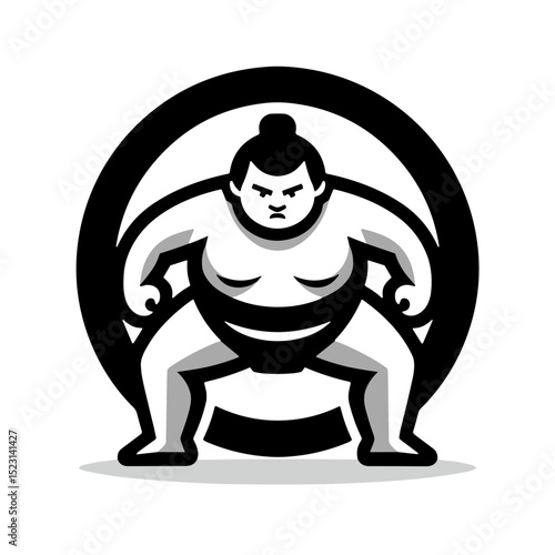 Bold black and white graphic illustration of sumo wrestler in circular design on transparent background representing competitive spirit and strength in traditional sports