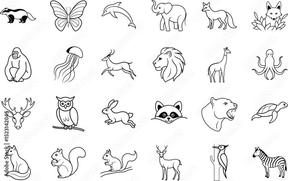 Diverse Wildlife Line Art Mammals, Birds, Insects, and Marine Life Diverse Wildlife Line Art Mammals, Birds, Insects, and Marine Life