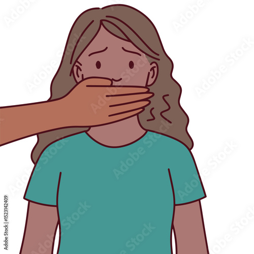 Frightened black brown dark skinned woman with male hand covering her mouth stands silently. Concept of fear, control, abuse, and emotional trauma
