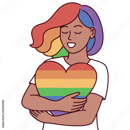 Young black brown dark skinned woman hugging heart in rainbow flag colors, eyes closed in calm and loving emotion, celebrating LGBT identity
