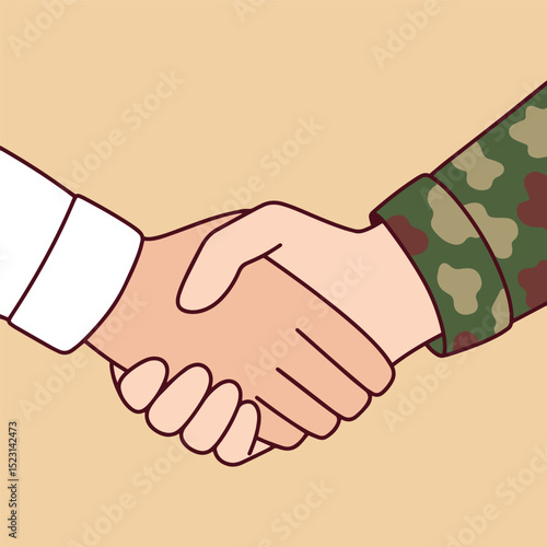 handshake between a person in camouflage military uniform and a civilian, symbolizing peace, respect, support, or teamwork
