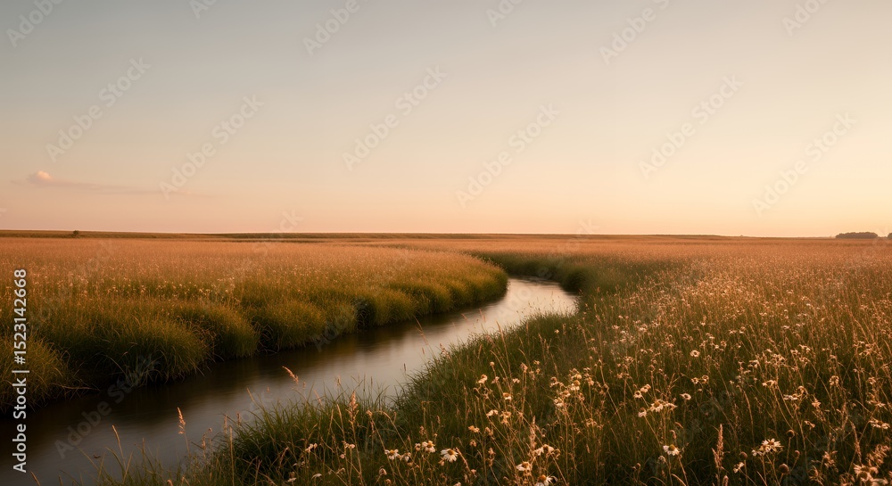 Naklejka premium Serene River Flowing Through a Golden Grassy Meadow at Sunset