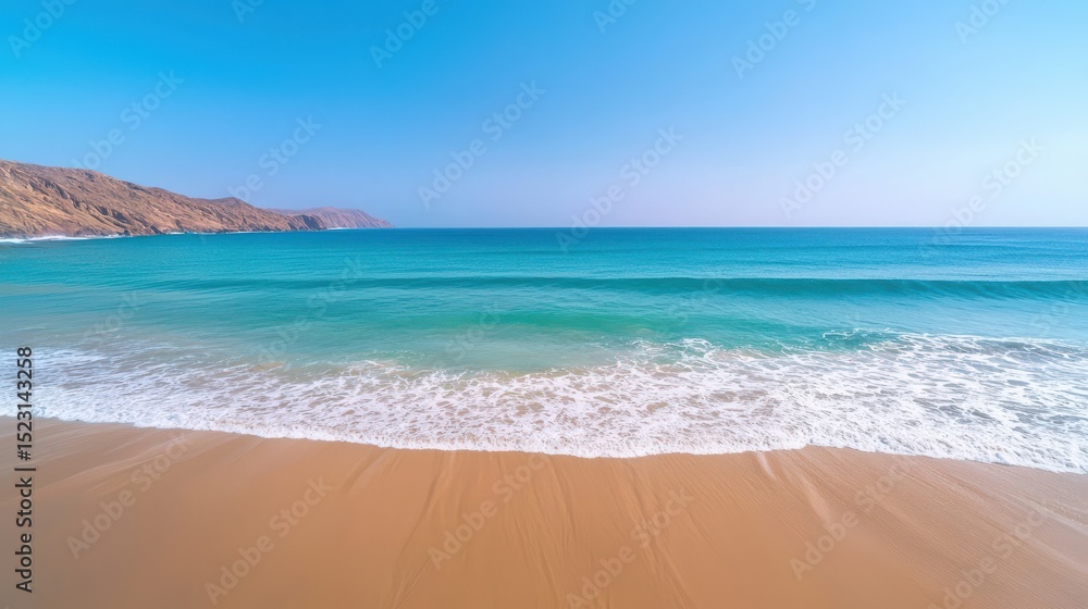 Fototapeta premium Máncora Beach : Serene beach with turquoise water and gentle waves under a clear sky. AI-generated.