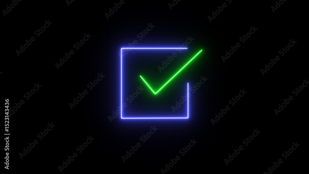 Neon purple color Square box with green check mark on black background. Neon purple color Square box with green check mark on black background.