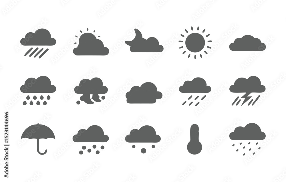 Monochrome Weather Icons Collection with Rain, Cloud, Sun, Moon, Storm, Wind, Snow, and Temperature Monochrome Weather Icons Collection with Rain, Cloud, Sun, Moon, Storm, Wind, Snow, and Temperature