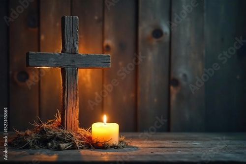 A subtly lit cross, bathed in soft light, rests peacefully against a rustic wooden background Perfect for Easter, Lent, or general Christian themes The image evokes serenity and faith , lent, rustic