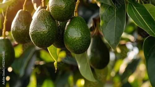 Close-up view of multiple green avocados growing on a tree branch with sunlit leaves in an outdoor orchard setting. The fruits are unripe.
