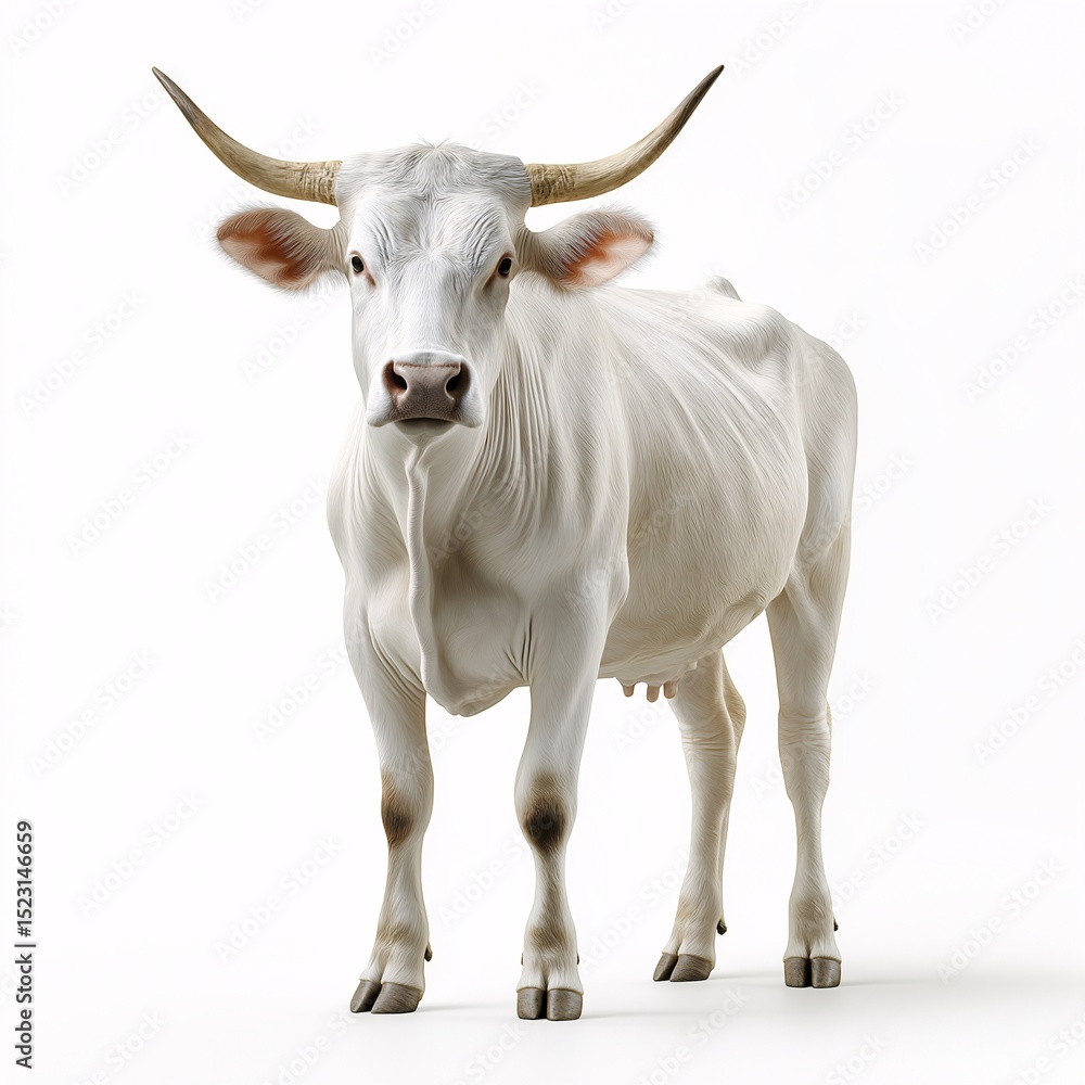 Naklejka premium White Cow in Pastoral Scene. Livestock and Agriculture in Rural Setting - Animal Welfare and Dairy Production Insights