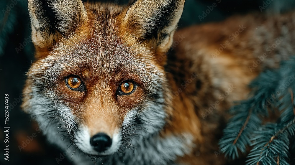 Fototapeta premium A close-up of a fox's face, with a pine branch in the foreground and a tall pine tree in the background