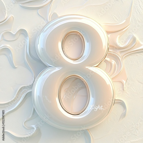 Elegant glossy number eight with pearlescent 3D surface and flowing abstract forms on textured white background