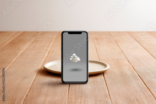 Wallpaper Mural Smartphone standing on plate with cute ghost illustration on screen against wooden surface and neutral background Torontodigital.ca
