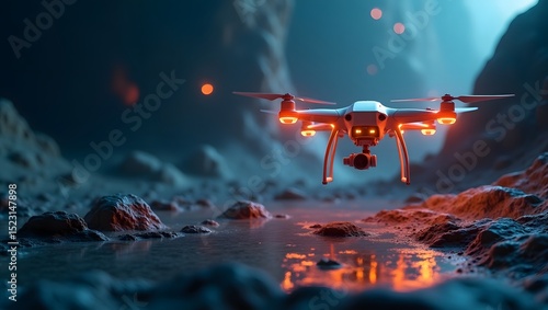 A glowing drone powered by AI hovering above a mysterious alien surface with mineral textures and strange lights. The drone emits scanning rays in soft color tones.