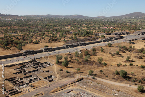 View from above of Ancient ruins of the Aztec and Pyramids at Teotihuacan, Mexico